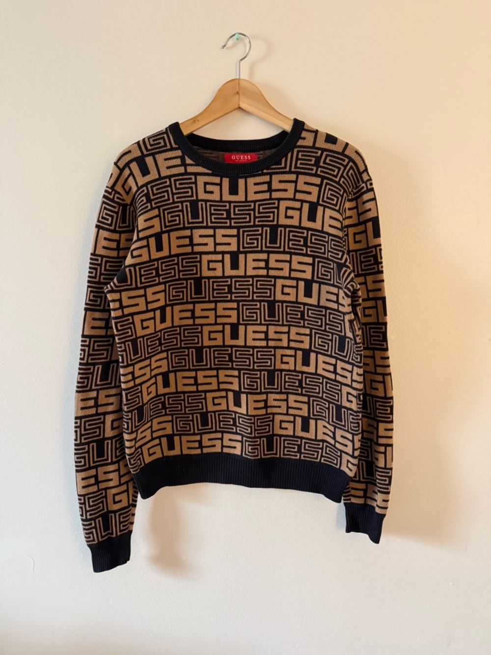Guess Los Angeles Allover Logo Monogram Knit Sweater Black Camel